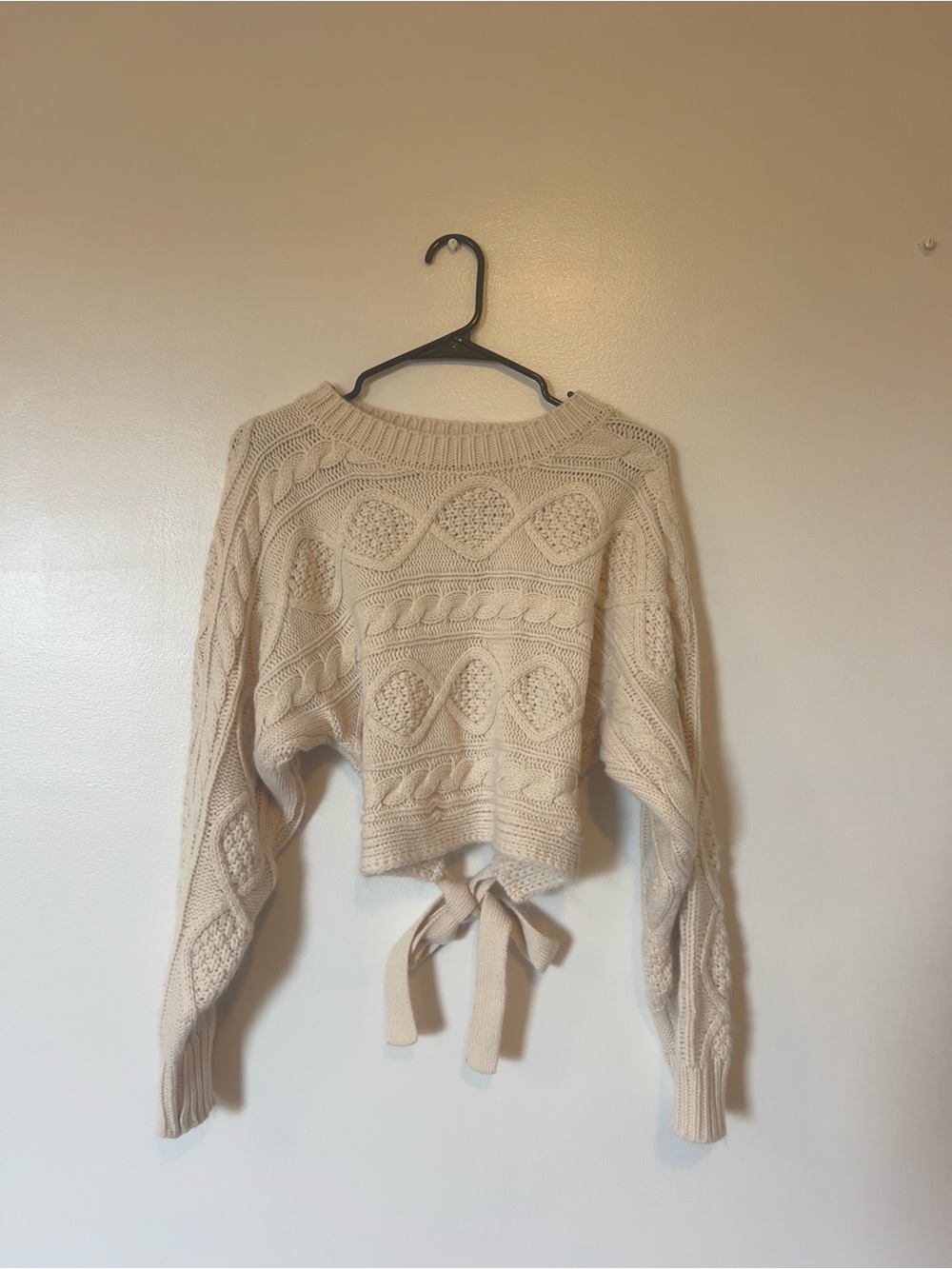 Cropped Cable Knit Tie-Back Sweater - Cream